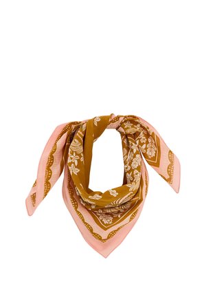 Foulard carré plié avec des motifs floraux marron et rose et bordure festonnée.
