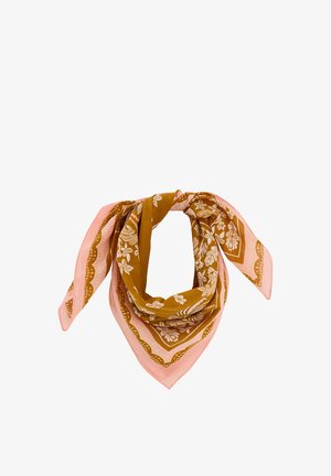 Pañuelo cuadrado doblado con patrones florales marrones y rosas y borde festoneado.