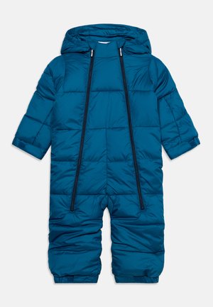 Combinaison de neige une pièce matelassée bleue avec capuche, manches longues et double fermeture éclair devant pour un habillage facile et la chaleur.