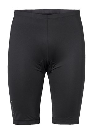 Shorts de cyclisme noirs en tissu extensible. Présentent un ajustement serré, une taille élastique et un marquage minimal sur le côté gauche.