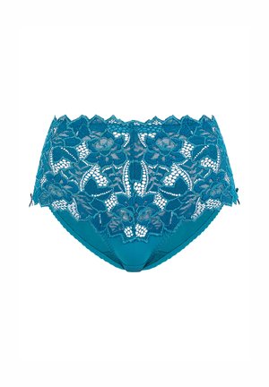 Culotte en dentelle teal avec motifs floraux, une section supérieure semi-transparente et un tissu solide dans la partie inférieure. Bords décoratifs à volants.