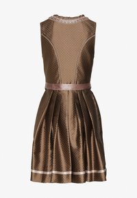 Brown sleeveless dress with a textured pattern, pleated skirt, ruffled neckline, and satin belt detailing at the waist and hem.