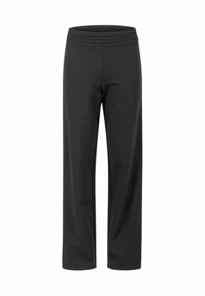 Pantalones negros de corte recto con una cinturilla ancha que presenta líneas de costura horizontales, mostrados de frente sobre un fondo blanco.