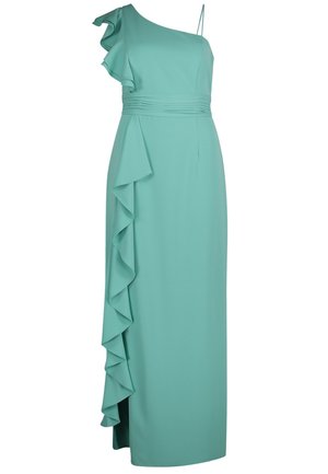 Lange teal avondjurk met een volant op één schouder, een dunne band aan de tegenovergestelde schouder en een vallende volant aan de linkerzijde.