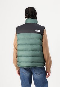 Zeleni i crni podstavljeni prsluk s visokim ovratnikom, sa šivenim dijelovima i logom The North Face na leđima, nosi se preko smeđe majice dugih rukava.