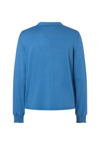 Blaues Langarmhemd mit Kragen, das über geraffte Bündchen und eine glatte Textur verfügt. Die Rückenansicht zeigt eine lockere Passform und ein minimales Design.