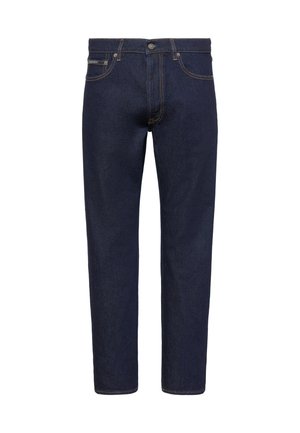 Σκούρο μπλε τζιν με ίσια γραμμή, κλείσιμο με κουμπί και φερμουάρ μπροστά, πέντε τσέπες και ραφές σε αντίθετο χρώμα.