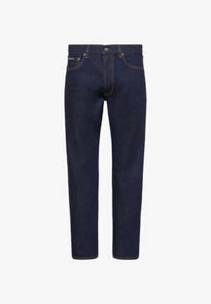 Donkerblauwe denim jeans met rechte pijpen, voor sluiting met knopen en ritssluiting, vijf zakken en contrasterende stiksels.