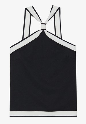 Schwarzes Haltertop mit weißen Akzenten, das ein geknotetes Rückendesign, eine strukturierte Oberfläche und eine figurbetonte Silhouette bietet. Einfach und modern.