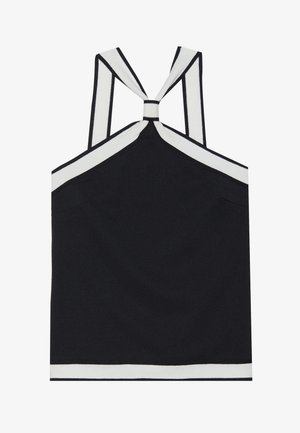 Černý halter top s bílými akcenty, s uzlovým designem na zádech, texturovaným povrchem a přiléhavou siluetou. Jednoduchý a moderní.