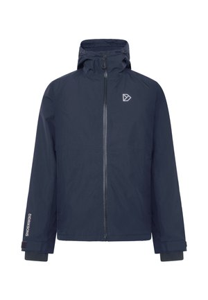 Mørkeblå vandtæt jakke med hætte, fuld lynlås foran, justerbare manchetter og logoer på brystet og venstre ærme "Didriksons."