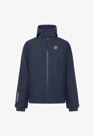 Mørkeblå vandtæt jakke med hætte, fuld lynlås foran, justerbare manchetter og logoer på brystet og venstre ærme "Didriksons."