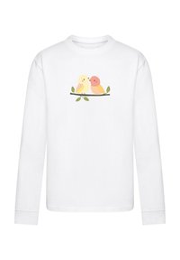 Long-sleeve white shirt featuring a graphic of two pastel-colored birds on a branch with green leaves. Simple design and soft texture.