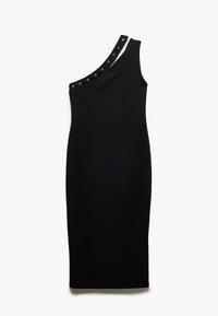 Schwarzes, tailliertes Midikleid mit einem Schulterdesign, versehen mit silbernen Ösen entlang des Ausschnitts. Glatter Stoff mit einer minimalistischen Silhouette.