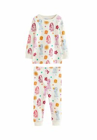 Baumwoll-Pyjama-Set mit langen Ärmeln und Hosen. Elfenbeinfarbener Hintergrund mit bunten Blumen- und Charakterdrucken in Pink, Blau und Orange.