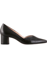 Black leather low-heeled pump with a pointed toe, v-shaped cutout on the upper, and a block heel, featuring a smooth texture.