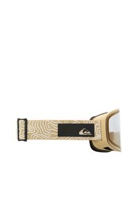 Lyžařské brýle s béžovým rámem, vzorovaným textilním páskem ve světle béžové barvě s bílými pruhy a černým akcentem s logem.