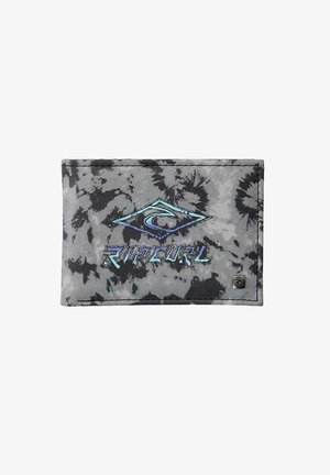 Grijze tie-dye portemonnee met een blauw logo dat een golf en de tekst "RIP CURL" bevat. Gemaakt van stof met een gestructureerd oppervlak en een kleine metalen accent.