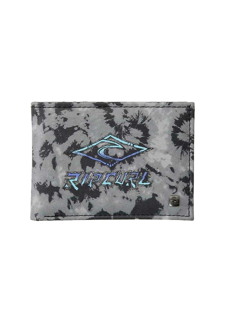 Grå tie-dye pung med et blåt logo, der viser en bølge og teksten "RIP CURL". Fremstillet af stof med en tekstureret overflade og et lille metallisk accent.