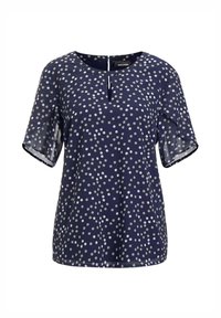 Marineblouse met korte, transparante mouwen, ronde halslijn en een halve knoopsluiting. Kenmerkt zich door een wit stippenpatroon over het hele oppervlak.