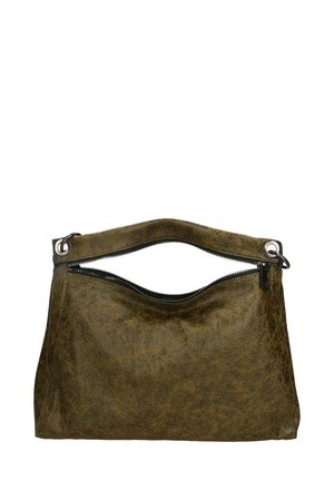 Borsa in pelle verde oliva con finitura testurizzata, chiusura con cerniera e manico arcuato. Presenta dettagli in metallo argentato per un tocco in più.