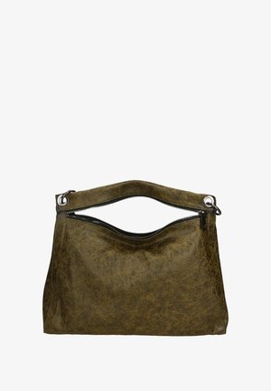 Olijfgroene leren tas met een gestructureerde afwerking, ritssluiting en een gebogen handvat. Voorzien van zilverkleurige hardware voor extra detail.