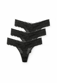 Drei Paare schwarze Spitzenstrings mit gewellten Kanten und Blumenmustern. Durchscheinende Textur mit einem zarten Design. 