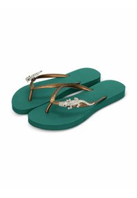 Türkise Gummiklipps mit einer strukturierten Sohle; bronzefarbene Riemen, die mit einem detaillierten Eidechsenakzent verziert sind und mit klaren Strasssteinen geschmückt sind.