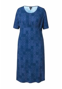 Blauwe jurk met patroon van zachte stof, voorzien van korte mouwen, een ronde halslijn en geplooide details bij de taille.