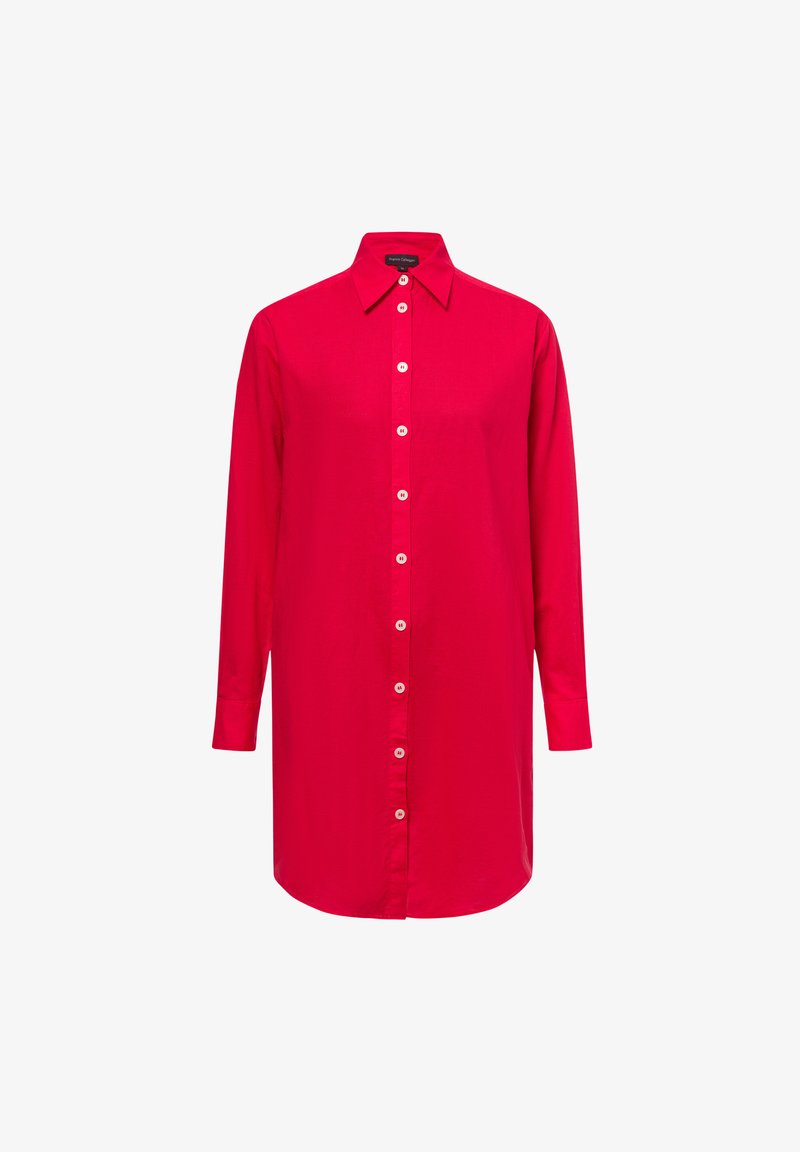 Rode langemouwen shirt van gladde stof, met een knoopsluiting aan de voorkant, klassieke kraag en een ontspannen, verlengde pasvorm.