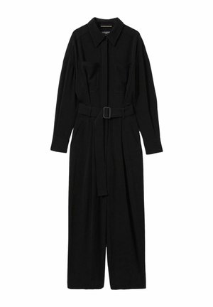 Schwarzer Jumpsuit mit Kragen, knopflesbarem Frontverschluss, zwei Brusttaschen, tailliertem Design und weitem Bein, sowie einer strukturierten Oberfläche.