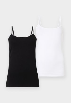 Schwarz-weiße Damen-Spaghetti-Trägertops, die nebeneinander auf einem weißen Hintergrund präsentiert werden.