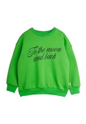 Sudadera verde brillante con cuello redondo, mangas largas y texto en cursiva negra que dice "Hasta la luna y de regreso" en el frente.