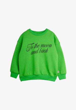 Bright green crewneck sweatshirt with long sleeves and black cursive text reading "To the moon and back" on the front.