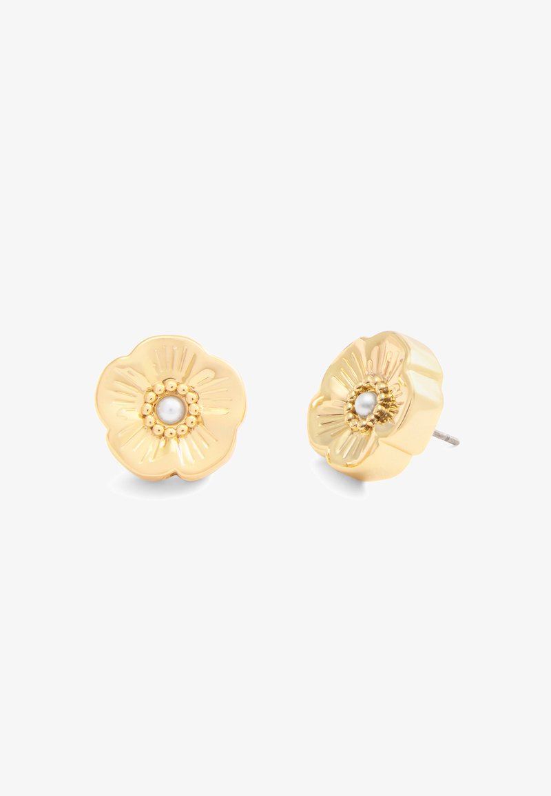 Boucles d'oreilles en or avec des fleurs, présentant un détail central en perle, des pétales texturés et une finition polie. Adaptées à différents styles et occasions.
