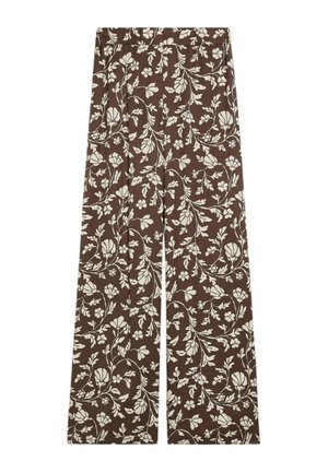 Brune bukser med vide ben med et hvidt blomster- og bladermønster over det hele og elastik i taljen.