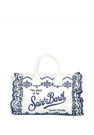 Borsa tote bianca con ricamo floreale blu e bordi arricciati, con il testo "The place to be Saint Barth Summer Paradise" davanti.