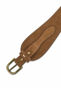 Brązowy zamszowy pasek do gitary z zaokrąglonym końcem, mosiężną klamrą i detalami w przeszyciach. Regulowana długość, o gładkiej teksturze.