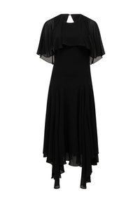 Melna kleita ar īsām, caurspīdīgām flutter piedurknēm, apaļu dekoltē, atslēgas cauruma aizmugures detaļu un plūstošu, asimetrijas hemline.