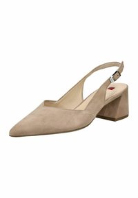 Décolleté in suede beige con punta affusolata, tacco a blocco e cinturino alla caviglia regolabile. Texture liscia con dettagli minimi.