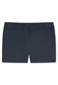 Námořnické modré bavlněné šortky s elastickým pasem, s hladkým povrchem a jednoduchým designem bez kapes nebo vzorů.
