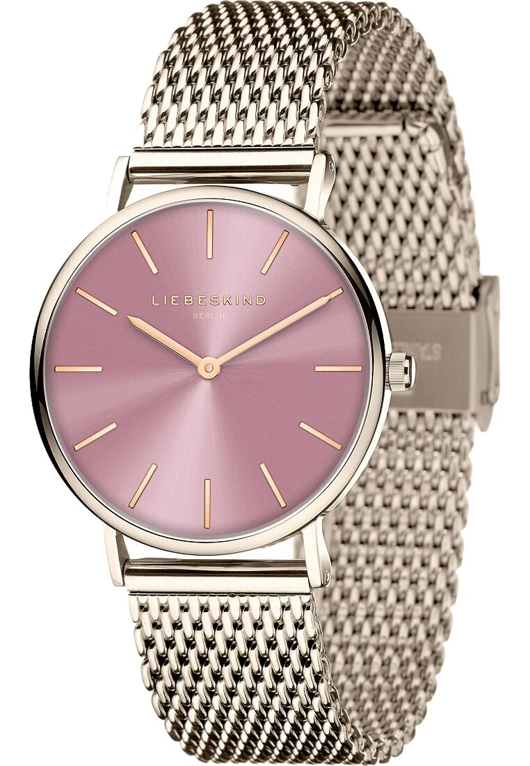 Runde Uhr mit einem metallischen Mesh-Armband, das ein pinkfarbenes Farbverlauf-Ziffernblatt, goldfarbene Stundenmarker und den Markennamen "LIEBESKIND" in der Mitte aufweist.
