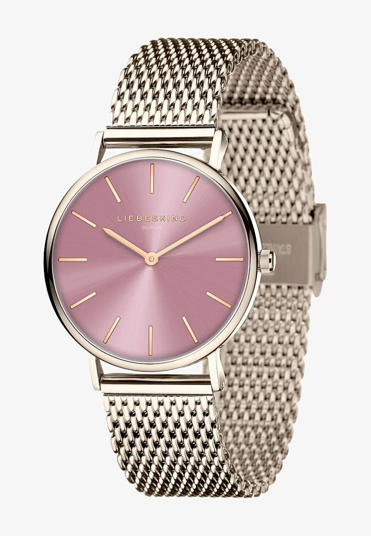 Runde Uhr mit einem metallischen Mesh-Armband, das ein pinkfarbenes Farbverlauf-Ziffernblatt, goldfarbene Stundenmarker und den Markennamen "LIEBESKIND" in der Mitte aufweist.