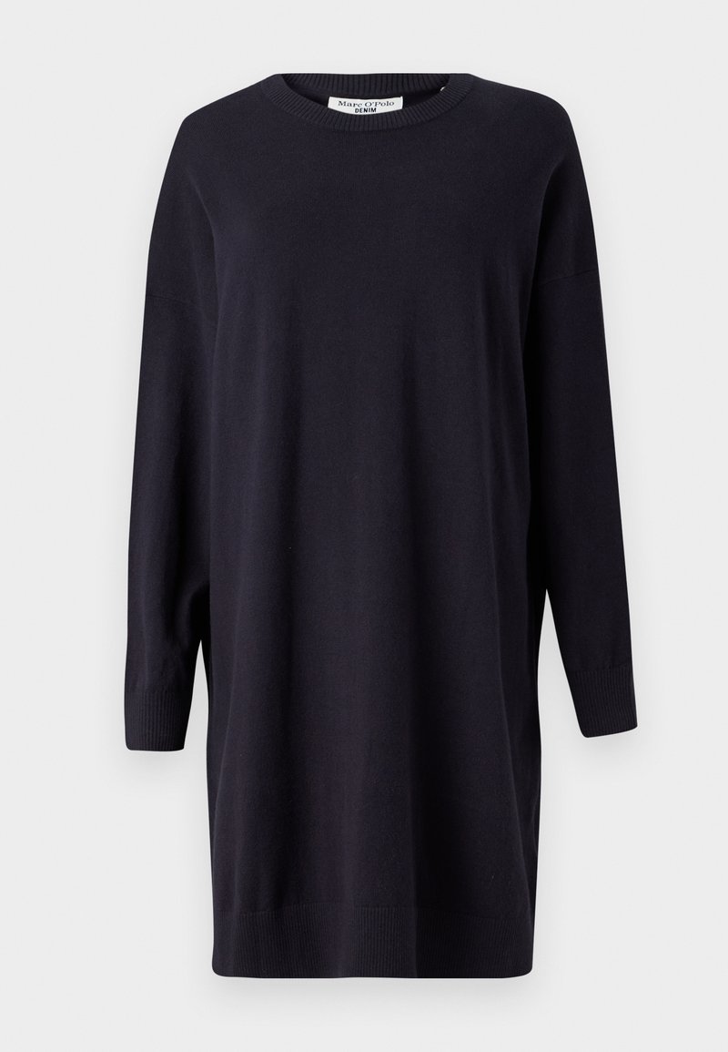 Pull large, bleu foncé, fabriqué en tissu doux, avec un col rond, des manches longues et des poignets et un ourlet côtelés.