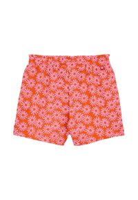 Oranžne kratke hlače z vzorcem marjetic v roza barvi. Elastičen pas, dva stranska žepa, sproščen kroj, izdelane iz lahkotnega materiala.