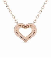 Collana a forma di cuore in rosè con un centro aperto, caratterizzata da un design a catena collegata. Texture liscia e finitura lucida.