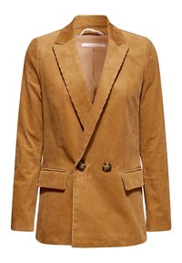 Blazer croisé en velours côtelé couleur chameau avec revers à encoches et deux poches avant à rabat.