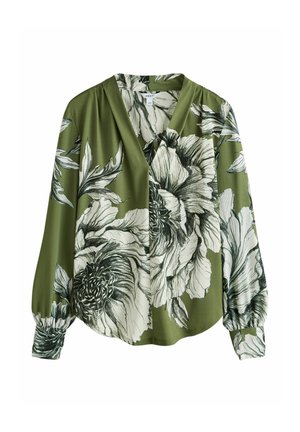 Zelená květinová halenka s nadýchanými rukávy, vybavená výstřihem do V a bílými květinovými vzory na látce. Hladká textura.