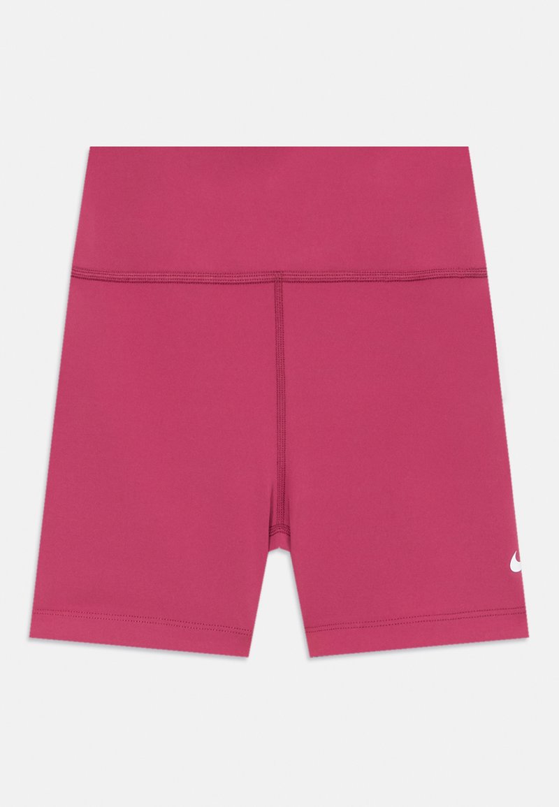 Fuchsia athletic shorts with a high waistband, smooth texture, and contrasting white logo in the lower right corner. Designed for active wear.