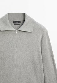 Light gray zip-up sweater with a wide collar, visible metal zipper, and a black label reading "Massimo Dutti" inside the neckline.